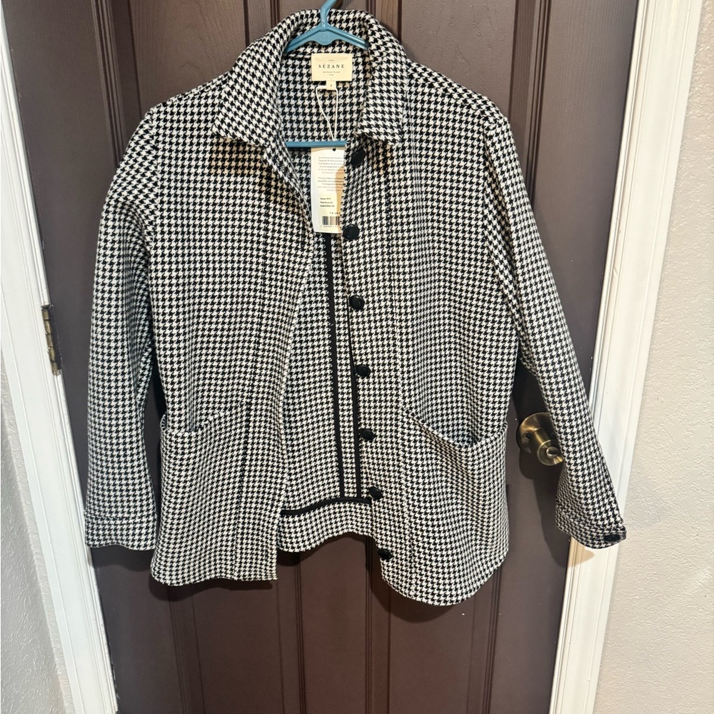 Sezane Black and White Houndstooth Will Jacket
